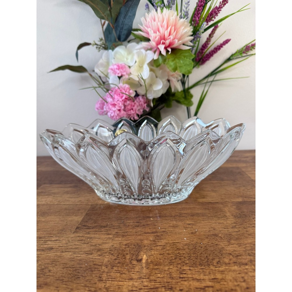 Vintage Bohemia Czech Glass Bowl Frosted Petal Lotus Centerpiece Hand Made